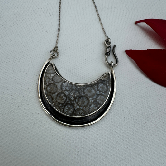 Fossilized Black Coral Necklace Half Moon Halo